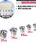 Stainless Steel Dowel Pin Centers Drilling Hole Tool Set For Woodworking, 20 Pc Centering Pins Various Sizes With Carrying Case