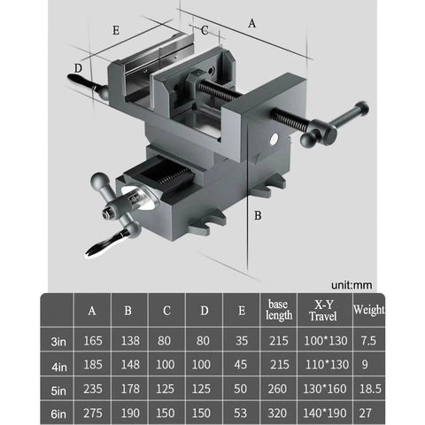 Heavy Duty Precision Cross Slide Drill Press Vise Built Tough As Nails With Smooth Swivel Handles For Benchtop Milling And Drilling showing dimensions and design.