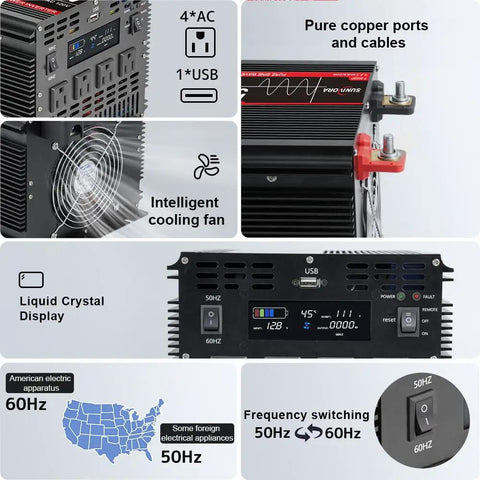 Beefy 5000 Watt Pure Sine Wave Power Inverter, 12V DC to 110V AC Converter with LCD, four AC ports and cooling fan.