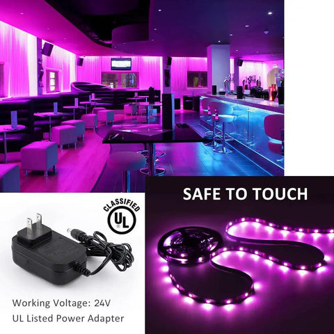 40Ft RGB Smart LED Strip Light Kit With 360 SMD 5050 LEDs installed in modern bar, with UL Listed Power Supply shown separately.