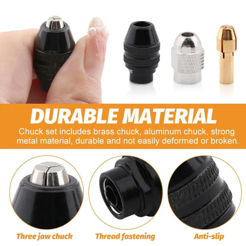 All In One Keyless Drill Chuck Collet Set For Rotary Tools 1/32 To 1/8 Inch Shanks, durable material, three jaw chuck and anti-slip features