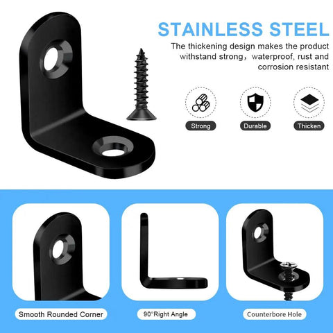 Heavy Duty L Bracket Corner Brace 40 Piece Set Includes 80 Screws Small Stainless Steel Right Angle 90 Degree support with smooth rounded corner.