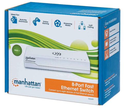Eight Port Fast Ethernet Desktop Switch For Home Office And Small Networks, Plug And Play Setup, AutoSensing 10 100 Mbps Ports, Works Seamlessly With Windows And Mac, Effortless Network Expansion And Reliable Connectivity packaging