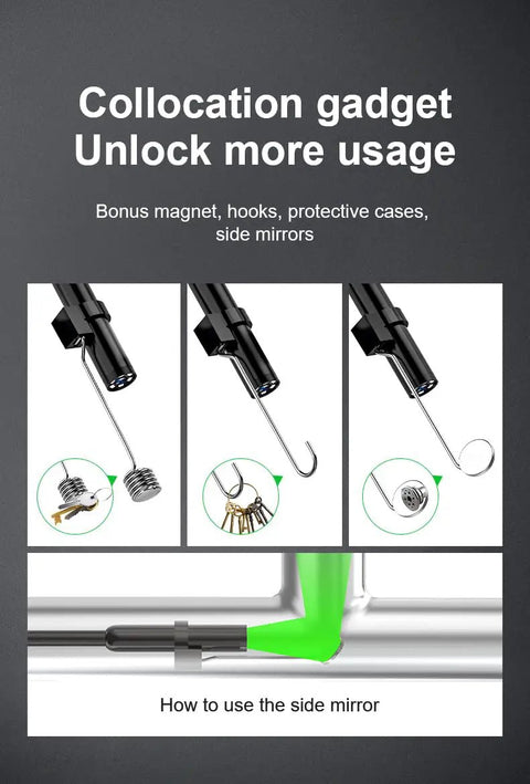 Ultra Slim 9.8ft Endoscope Cam With 1920P HD Clarity, 8 Adjustable LEDs, USB Type C Borescope, SemiRigid Snake Cable For Android iPhone iPad, Pro Grade Visuals For Cars Pipes And Machines, with hooks and side mirror