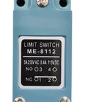 Close-up of Beefy Silver Contact Limit Switch ME8112 Roller Plunger 1NC 1NO for industrial automation, front view