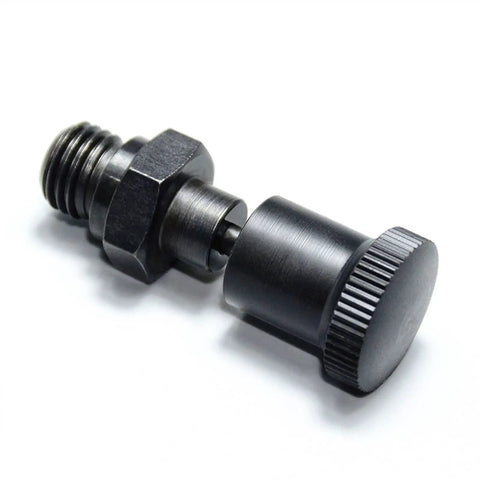 Rock Solid M12 Indexing Plunger Pin embedded threaded positioning pin, steel tool accessory for machine alignment tasks.