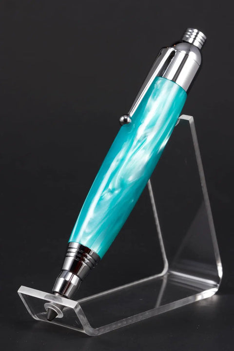 Top Shelf Chrome Woodturning Hardware Kit Pencil And Pen Project Set Three Piece Collection with chrome pen featuring teal barrel.