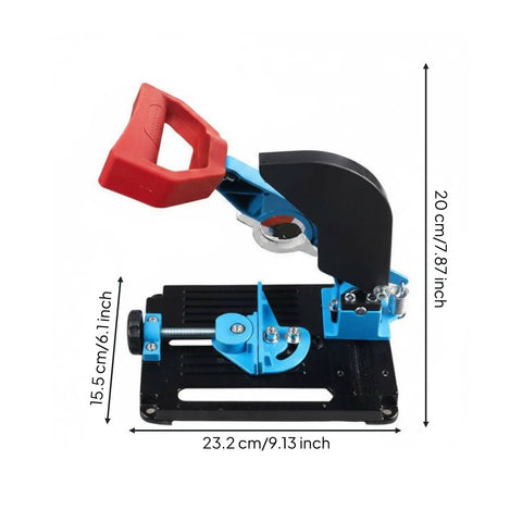 Angle Grind Stand With Guard For Precise 45 Degree Cuts showing dimensions and quick clamp system