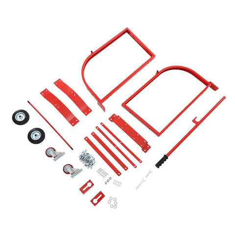 Rock Solid 55 Gallon Drum Cradle Heavy Duty Steel Drum Stand assembly parts, including wheels, frame, and hardware for industrial use.
