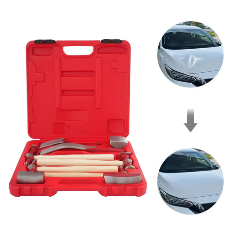9 Piece Auto Body Repair Tool Kit With Hammer And Dolly Set For Car Dents And Door Dings in red case beside car dent images