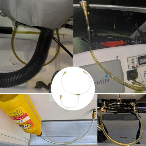 Get Your Boat Steering Smooth With This 30 Inch Hydraulic Bleed Kit showing brass fittings and clear tubes in use.