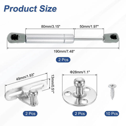 Two Pack 6 Inch 80N Gas Struts Lid Support Hinges For Soft Close Folding Lid Stay Lift Support Slow Lowering Pneumatic Lid Buffer For Cabinets Closets Wardrobes Silver, size diagram