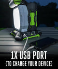 Rechargeable Portable Work Light Up To 10,000 Lumens With 360-Degree Folding Panels showing USB port charging phone