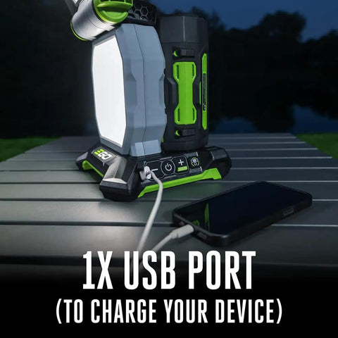 Rechargeable Portable Work Light Up To 10,000 Lumens With 360-Degree Folding Panels showing USB port charging phone