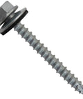 Close-up of the 14 By Two And A Half Inch No Paint Metal Roofing Screw with hex washer head and EPDM washer, galvanized finish.