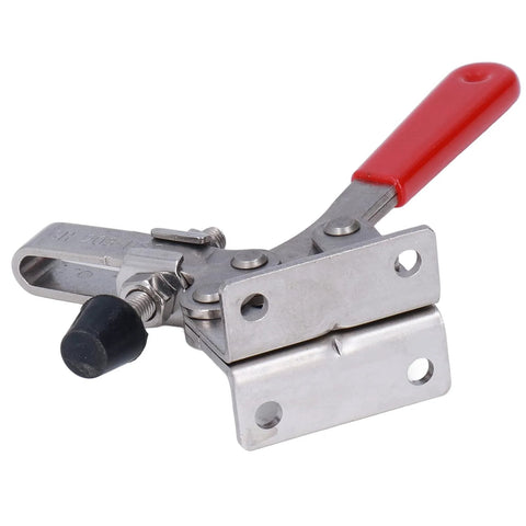 Front view of Stainless Steel Quick Toggle Clamp For Welding And Woodworking Positioning Clamp With Rock Solid Corrosion Resistant Metal Construction Anti Rust Durable Latch Action Soft Handle Cover For Easy Safe One Hand Operation.