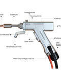 Handheld welding nozzle for Straight Up Heavy Duty 2000W 4 In 1 Integrated Fiber Laser Welder with various components labeled.