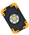 YWBL-WH Mini COB Emergency Flood Light, 6-Angle Adjustable Stand with a durable, rugged design and yellow protective corners.