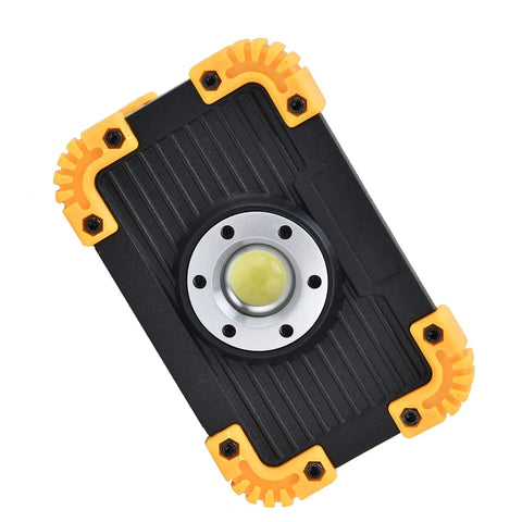 YWBL-WH Mini COB Emergency Flood Light, 6-Angle Adjustable Stand with a durable, rugged design and yellow protective corners.