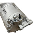 Close-up of BMW Compatible Direct Fit Air Conditioning Compressor Electric Refrigeration Unit showcasing alloy construction and connection ports.