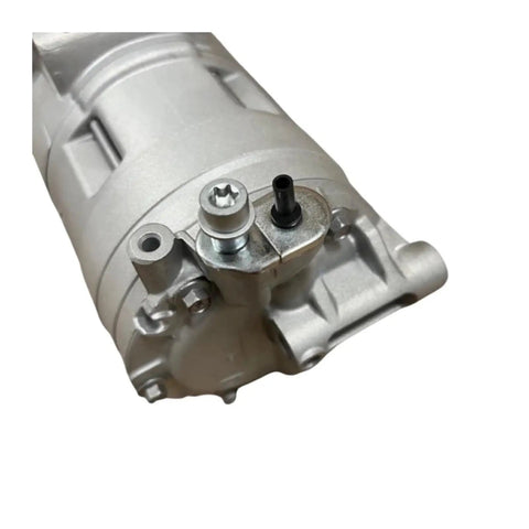 Close-up of BMW Compatible Direct Fit Air Conditioning Compressor Electric Refrigeration Unit showcasing alloy construction and connection ports.