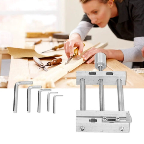 Compact Aluminum Alloy Bench Vise With Drill Press Mount For Woodworking And Engraving Features Ninety Millimeter Jaw Opening shown in use with tools.