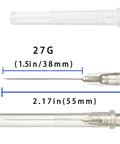 100 Pack 27G 1.5 Inch Luer Lock Needles For Ink Refilling, Stainless Steel And Plastic, Individually Packed, Pro Grade For Lab Work, Industrial Use, And Plant Cultivation, shown with 27G size and 1.5 in length