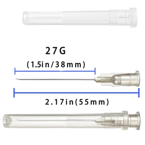 100 Pack 27G 1.5 Inch Luer Lock Needles For Ink Refilling, Stainless Steel And Plastic, Individually Packed, Pro Grade For Lab Work, Industrial Use, And Plant Cultivation, shown with 27G size and 1.5 in length