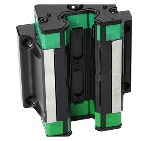 Rock Solid High Precision Linear Guide Rail Kit With 2pcs HGW15CC To HGW30CC Slider Blocks For Smooth Sliding Motion And Super Stable Tracking On Any Rig Or Machine Build Today. Green and black metal linear guide rail slider block close-up