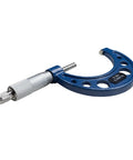 2 To 3 Inch Outside Micrometer With 0.0001 Inch Accuracy Carbide Anvil Laser Etched Scale Durable Satin Chrome Frame For Precise Measurements And Built Tough Metal Construction, showing blue frame with holes and metallic scale.