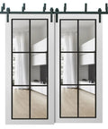Clear Glass Sliding Closet Barn Bypass Doors With Heavy Duty Rails Hardware Set, Easy Install, Two 24x96 Panels in Modern Wood Wardrobe