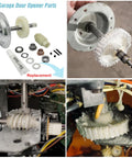 DIY Ready Complete Chain Drive Gear And Sprocket Replacement Kit For Garage Door Openers Includes Helical Gear Top Hat Assembly Worm Gear Wear Bushings Grease And All Necessary Hardware visible in image montage