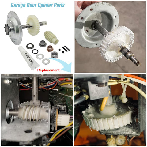 DIY Ready Complete Chain Drive Gear And Sprocket Replacement Kit For Garage Door Openers Includes Helical Gear Top Hat Assembly Worm Gear Wear Bushings Grease And All Necessary Hardware visible in image montage