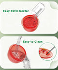 Window Mounted Hummingbird Feeder With Strong Suction Cups Bee Proof Ports Ant Moat And Dual Sun Shades Two Point Six Ounces Capacity Easy To Fill And Clean For Close Up Bird Watching with nectar refill and cleaning shown