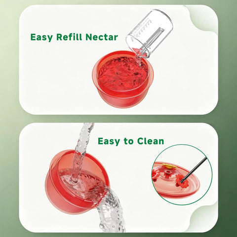 Window Mounted Hummingbird Feeder With Strong Suction Cups Bee Proof Ports Ant Moat And Dual Sun Shades Two Point Six Ounces Capacity Easy To Fill And Clean For Close Up Bird Watching with nectar refill and cleaning shown