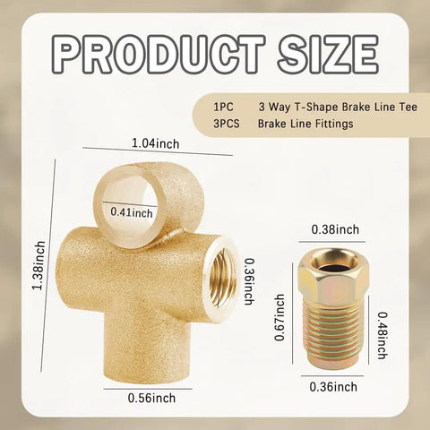3/16 Brake Line Tee T Shape 3 Way Union Kit With Inverted Brake Line Fittings Universal Brakes Line Union Replacement For 3/16in Pipe No Hassle Install Car Accessory, gold copper-iron tee with 3 fittings