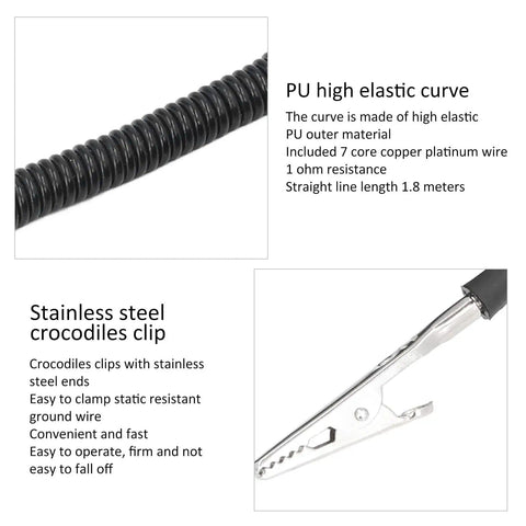 Adjustable Anti Static Wrist Strap ESD Bracelet for Electronics Repair showing coiled wire and stainless steel clip details
