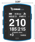 Front view of KISS 2.0 Handheld Golf Rangefinder with digital display, showing golf hole and distance information, blue trim