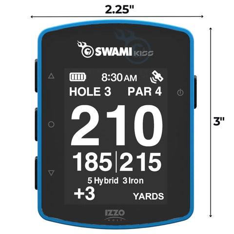Front view of KISS 2.0 Handheld Golf Rangefinder with digital display, showing golf hole and distance information, blue trim