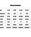 Chart detailing swing granulator specifications including model, roller diameter, capacity, swing time, power, weight, and dimension.