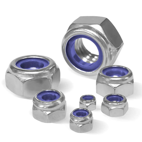 Nylon Insert Lock Nut Set, 140Pcs Metric Lock Nuts M3-M12 Anti Loosening in 304 Stainless Steel, displayed in various sizes