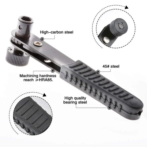 Solid Right Angle Mini Ratchet Wrench 1/4 Inch Dual Drive Head With Hex Socket Adapter showing high-carbon steel construction and durable grip.