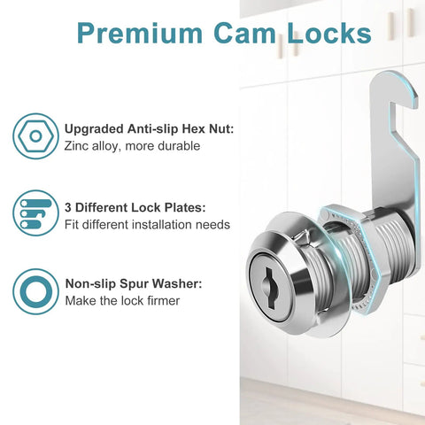 Badass Heavy Duty Cam Locks Keyed Alike Cabinet Hardware 1 1 8 Inch Zinc Alloy Cylinder with anti-slip hex nut and lock plates.
