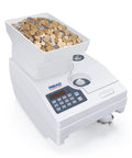 Heavy Duty Coin Counter And Auto Sorter With Killer Capacity Plug And Play Simple Setup Bank Grade Cash Management For US Canadian Mexican Foreign Coins No Sweat Operation With Full Two Year Warranty, showing coins in hopper.