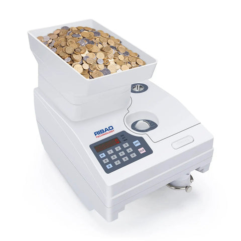 Heavy Duty Coin Counter And Auto Sorter With Killer Capacity Plug And Play Simple Setup Bank Grade Cash Management For US Canadian Mexican Foreign Coins No Sweat Operation With Full Two Year Warranty, showing coins in hopper.