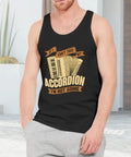Top Notch Men's 100 Percent Cotton Tank Top, Rugged Gym Muscle Shirt worn by a man, featuring accordion graphic design.
