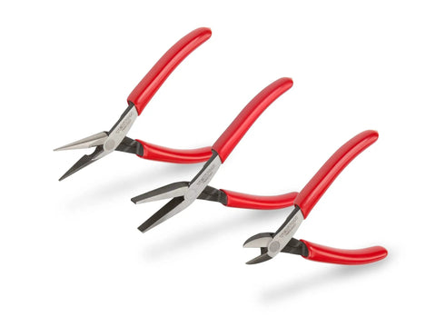 Compact Five Piece Mini Pliers Set With Needle Nose, Long Nose, Flat Nose, Diagonal Cutting And End Cutting Pliers for precision work.