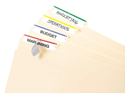 Foolproof Easy Peel File Folder Labels On 4X6 Sheets, Assorted Color Coded Tabs For Smart Office Organization, Print Or Handwrite, 252 Count Bulk Pack To Keep Paperwork Neat And Sort Files Swift displayed on folders.