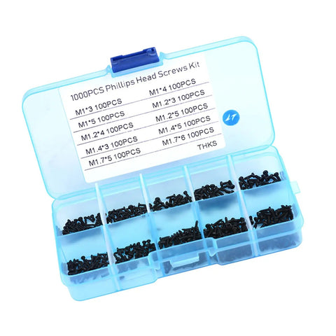 1000 Piece Stainless Steel Self Tapping Screw Kit M1 To M1.7 For Eyeglasses Watches Laptops Cameras And RC Repairs Go To Multi Purpose Assortment With Anti Rust Finish in a blue compartmentalized box
