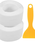 Super Easy White PVC Caulking Tape For Bathtub And Window Gaps, two rolls and a yellow applicator for sealing.